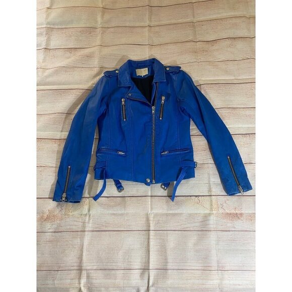IRO Women's Luigaspe Blue Lamb Skin Designer Leather Moto Jacket - 2 - Picture 5 of 16